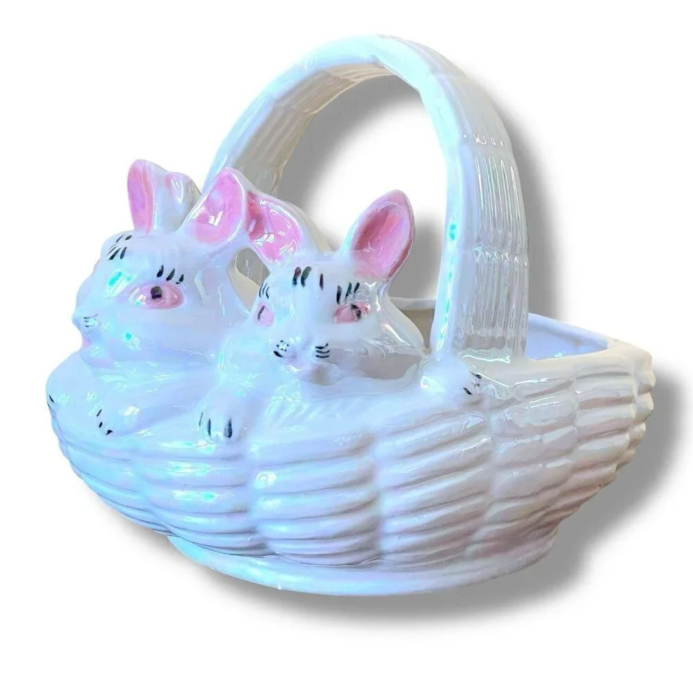 Vintage Atlantic Mold Ceramic Easter Basket Iridescent Bunny Rabbits Candy Dish